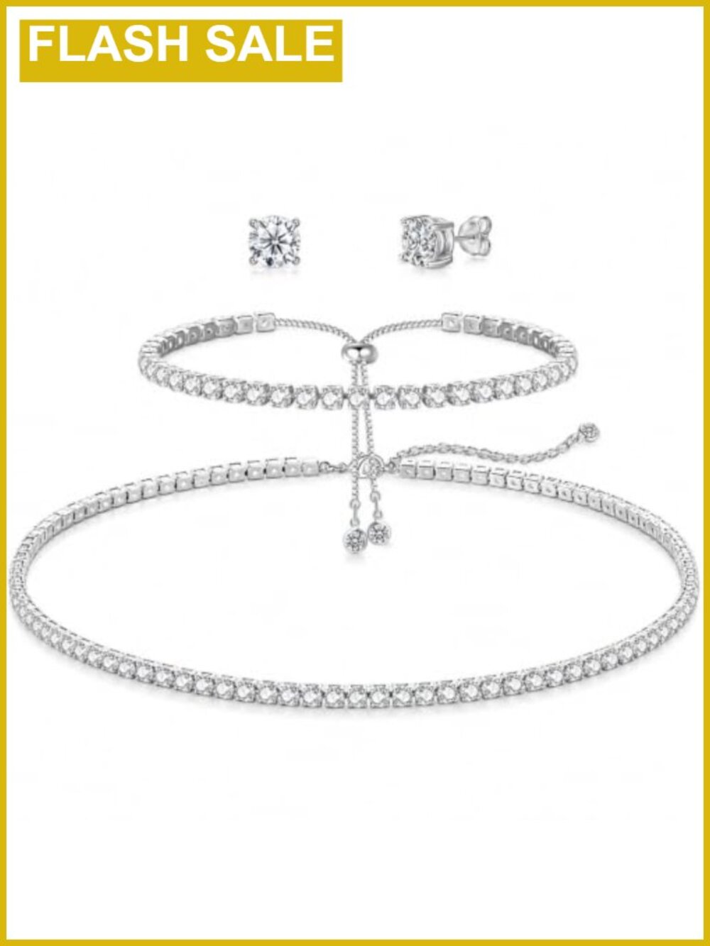 Rhinestone Tennis Jewelry Set 3 Pcs Silver Tone Necklace Bracelet Stud Earrings